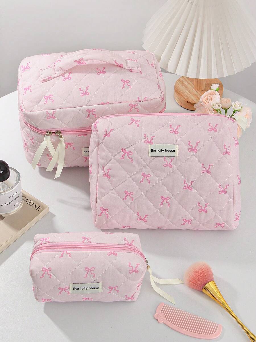 1 pièce/set Sac de rangement cosmétique grande capacité avec design nœud papillon rose et dentelle. Sac de rangement à cordon pour produits de soins de la peau de voyage. Sac pour serviettes hygiéniques, indispensable pour les courts voyages. Sac de maquillage et portable multifonctionnel pour ranger le rouge à lèvres, les serviettes hygiéniques, les pièces, les clés, etc. Grand sac de lavage mignon pour l'organisateur de voyage, sac cosmétique pour voyage, cadeau pour la fête des mères, cadeau pour la rentrée scolaire