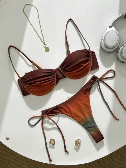 Conjunto de bikini de dos piezas con fruncido degradado, elegante y sexy, para verano