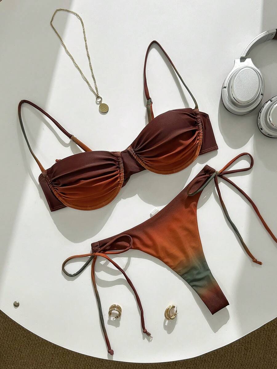 Stylish Sexy Ombre Ruched Two-Piece Bikini Set, Summer - Coffee Brown - View 1