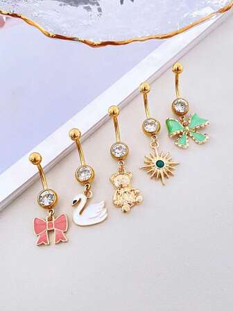 1pc Fashionable Minimalist Cute Bow, Bear, Swan, Star Pendant Stainless Steel Navel Ring, Sexy Versatile Jewelry Accessory For Nightclub, Beach, Party, Holiday, Daily Wear