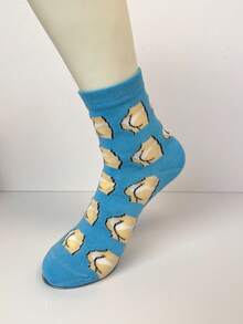 2 Pairs Blue Funny Socks, Cartoon Breathable Mid-Calf Socks, Unique Design For Women, Autumn/Winter