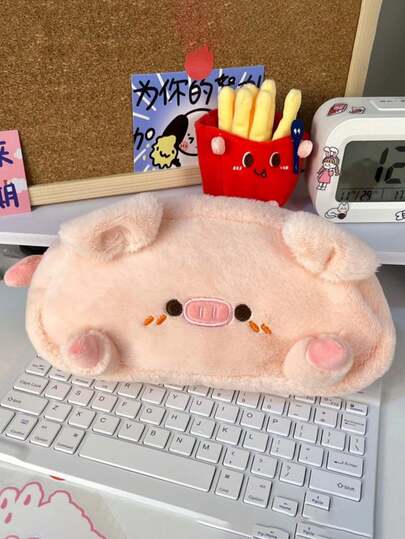 1PC Plush Pink Color Piggy Makeup Brush Organizer Bag Creative Korean Fashion Bag High Capacity Storage Bag Desktop Miscellaneous Storage Bag