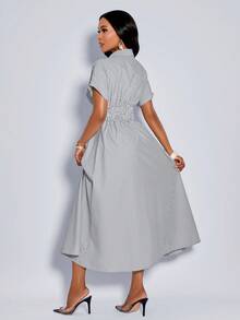 Amarilo 女式夏季休闲条纹褶皱衬衫短袖收腰中长连衣裙 - 黑色 - 查看 2