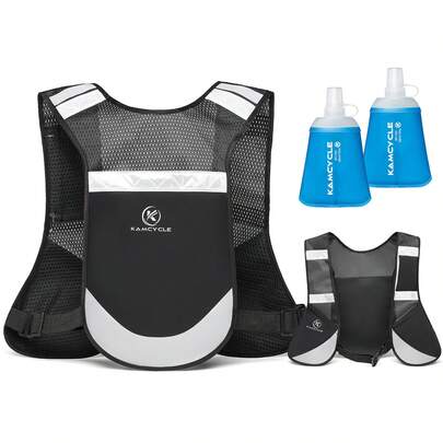 Mochila tipo chaleco para correr con 2 botellas blandas de 300ml, mochila de hidratación reflectante tipo camello para hombres, ligera de 150g para trail running, senderismo, maratón, soporte ligero y reflectante para teléfono, ajustable unisex, accesorios para correr, mochila para trail running, chaleco de hidratación para correr, bolsa deportiva de gran capacidad para fitness, ejercicio, viajes, vacaciones, para mujeres y hombres, duradera para correr y senderismo