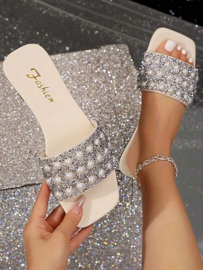 Damen Flache Perlen verzierte Sandalen, 5 Größen Perlen Farbverlauf Luxus glänzende Mode vielseitige Outdoor Urlaub rutschfeste Große Größen (35-43) Kleid Sandalen, Slip-On Flache Badelatsche