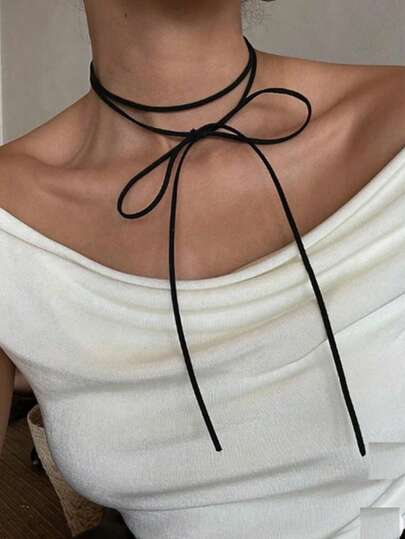 Europäischer & amerikanischer Stil minimalistischer Schleifen-Choker-Halskette, vielseitig einsetzbarer hochwertiger Lederkordel-Halsschmuck