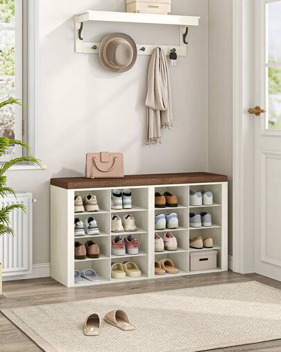 Shoe Storage Bench With Padded Seat, Shoe Rack Bench With 12 Open Compartments, Adjustable Shelves, Shoes Cabinet With Cushion For Hallway, Living Room, Bedroom, White And Brown