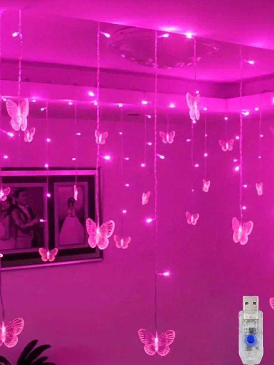 1pc Magical Butterfly LED String Light - 96 LEDs, USB, Copper Wire Fairy Lights For Room, Bedroom, Christmas, Wedding, Party, Dorm, Patio Decor (No Remote, No Battery)