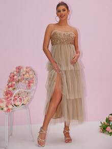 Shiny Patchwork Mesh & Sequin Layered Maternity Dress - Champagne - View 6