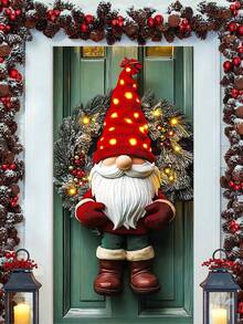 1 Stück beleuchteter Weihnachtsmann mit Schneekiefer Weihnachtskranz, festlicher Weihnachtsstil künstlicher Grünkranz mit LED-Beleuchtung und roten Beeren Details, Türkranz Dekoration für Weihnachten Zuhause, Feiertags-Party Ornament, Winterliche Saison Dekoration