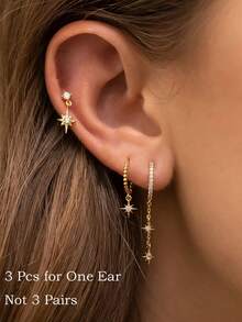 Bộ 3 bông tai mặt dây chuyền hình ngôi sao đính đá Zirconia, mạ vàng 14K, ít gây dị ứng, phù hợp đeo hàng ngày, vừa với nhiều kích cỡ lỗ xỏ tai, nhẹ và thời trang, món quà tuyệt vời dành cho phụ nữ và bé gái. - Vàng-7# - Xem 5