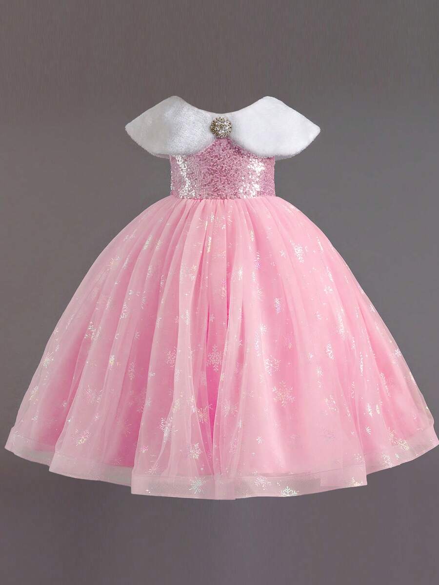 可爱的冰雪公主裙，带毛领，搭配蝴蝶结装饰蓝色网眼长裙，适合派对、毕业典礼、舞会 - 粉色 - 查看 1