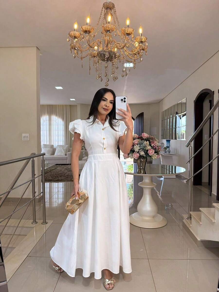 Elegant Long Dress With Puff Sleeves And Front Buttons – Sophisticated Look For Parties And Events - 查看 1