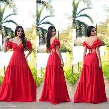 Long Off-The-Shoulder Dress With Ruffles, V-Neckline, Elegant, Charming Sleeves - Red - View 3