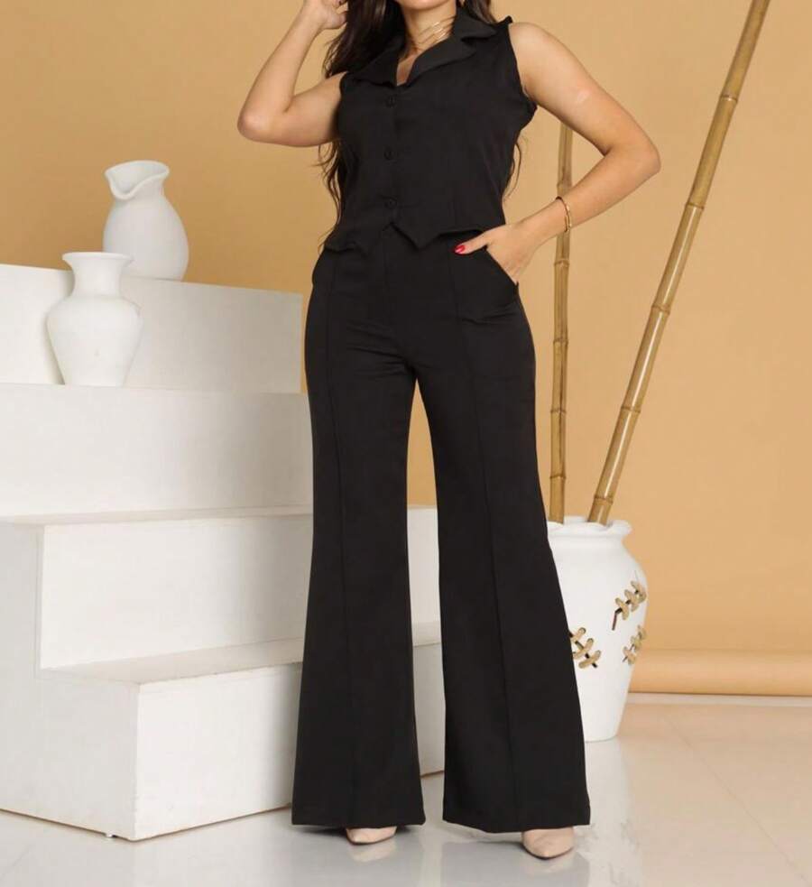 Elegant Tailored Vest And Wide-Leg Trousers Set - Black - View 1