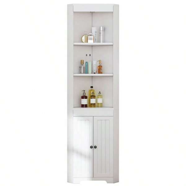 Tall Bathroom Cabinet, Three Open Storage Compartments, Moisture-Proof Double Doors, Sliding Shelves, Simple Design, White