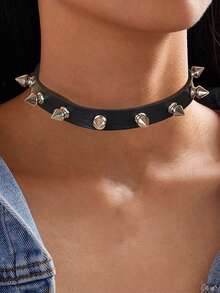 Fashionable Unisex Punk Goth Metal Rivet Chain Leather Choker Necklace - Black - View 4