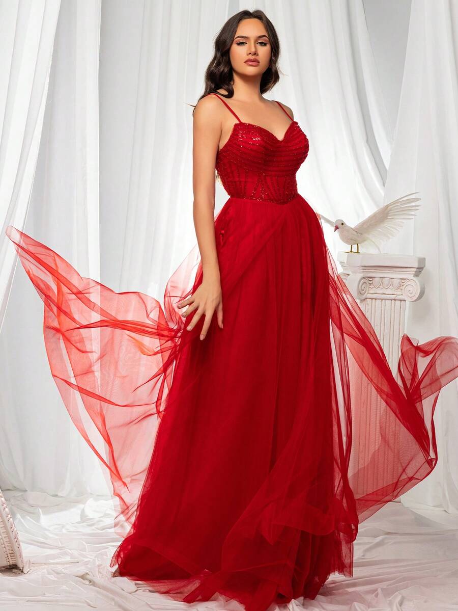 VIPGIRL Women's High-End Luxury Embroidered Slit Strap Formal Dress, Elegant Party Gown - Red - View 1