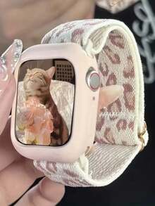 2 件可爱豹纹表带 + 表壳，适用于 42 毫米 46 毫米 49 毫米 41 45 44 42 41 40 38 表带弹性尼龙腕带，适用于 S11 S10 9 8 SE 7 6 5 4 所有系列 - 粉色 - 查看 1