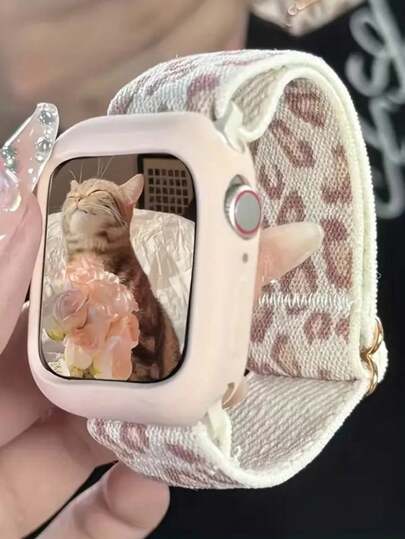 2 件可爱豹纹表带 + 表壳，适用于 42 毫米 46 毫米 49 毫米 41 45 44 42 41 40 38 表带弹性尼龙腕带，适用于 S11 S10 9 8 SE 7 6 5 4 所有系列