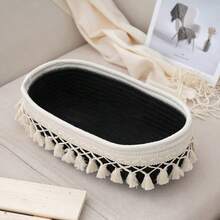 1pc Simple Tasseled Storage Basket, Handwoven Entryway Tabletop Organizer Basket, Cosmetic Storage Basket, White Tasseled Storage Basket