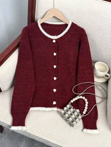 Wixra 2025 Autumn New Design Colorblock Heart Button Knit Cardigan, Versatile Women Sweater Jacket - Red - View 1
