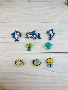 1 Set Of 8pcs Ocean Themed Funny Accessories, Shark, Shell, Coconut Tree Cartoon Pattern, Suitable For Sandals, DIY Decoration, Beach Holiday, Birthday, Festival Gift