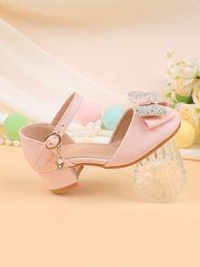 Flower Girl Shoes For Wedding, Party, Holiday, Suitable For Girls Of All Ages, Children Shoes, Classic Comfortable Versatile Small Shoes, Girls Fashion Pink Bow Glitter Sequin Shiny Heeled Dress Shoes For Formal Occasions, Recitals, Dance, Princess Style