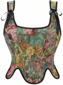 Womens Vintage 1920s Renaissance Lace Trim Corset Bustier, Retro Fashion - Black Flower - 查看 4