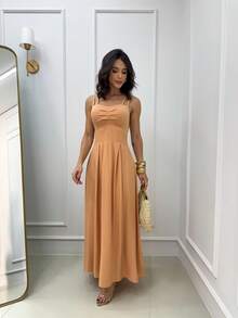 Long Dress With Double Straps And Ruched Detail On The Bust - 駝色 - 查看 2