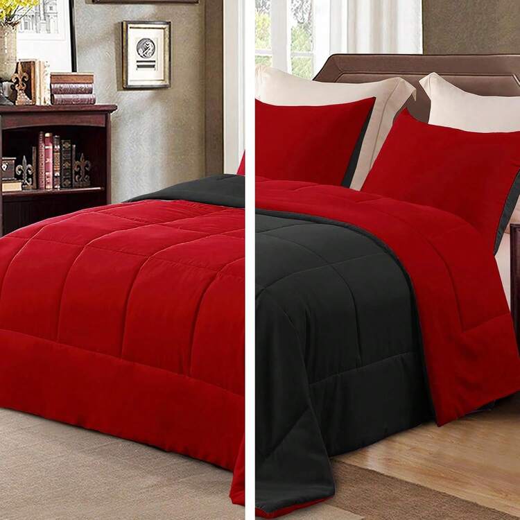 Lightweight Reversible King Size Comforter Set, Down Alternative Comforter With 2 Pillow Shams, All - Season King Size Bedding Set, Deep Purple/Lilac - 紅/黑 - 查看 7