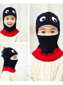 1 件儿童卡通恐龙防风帽和围巾套装，冬季保暖针织拉法帽，适合男孩和女孩