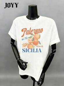 JOYY 女式西西里舒适彩色柠檬印花 T 恤，时尚图案休闲度假百搭圆领短袖 T 恤，适合日常外出和旅行 - 白色 - 查看 1