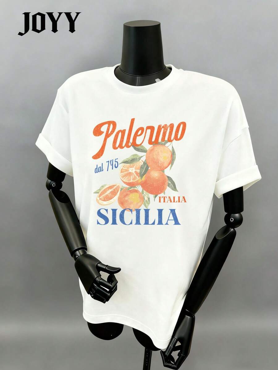 JOYY 女式西西里舒适彩色柠檬印花 T 恤，时尚图案休闲度假百搭圆领短袖 T 恤，适合日常外出和旅行 - 白色 - 查看 1