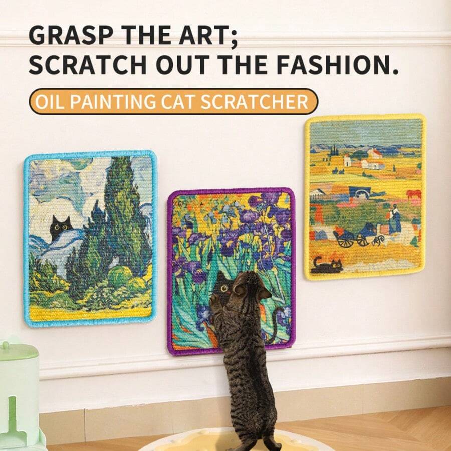 新款壁画剑麻猫抓板，粘贴式猫抓板，耐用防刮猫玩具，可更换，不损坏墙壁，批发现货 - 彩色 - 查看 1