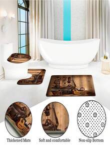 1/4 Pcs Denim Guitar Print Bathroom Set, Waterproof Shower Curtain With Hooks, Non-Slip Bath Mat, U-Shaped Toilet Mat, Toilet Lid Cover, Bathroom Accessories, Musical Art Decor