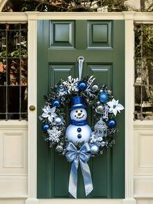 1 Stück blau-weiße Schneemann & Schneeflocke Weihnachtskranz, festlicher Weihnachtsstil künstlicher Grünkranz mit blauer Ornamentkugel & Schleifen-Detail, Türkranz Dekoration für Weihnachten Zuhause, Feiertags-Party Ornament, Winter Saison Dekoration