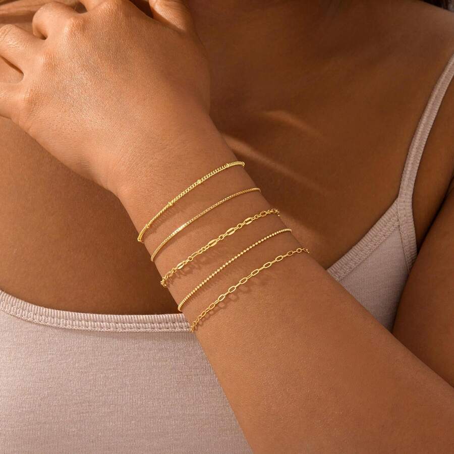 4pcs/Set European & American Style Minimalist Multi-Layer Braided Chain Metal Blade Chain Bracelet, Bohemian Fashion Layered Bracelet Set For Women, Suitable For Daily Wear And Party - Vàng - Xem 1