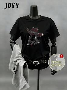 JOYY Plus Size Women's Western Cowgirl Graphic Round Neck Short Sleeve T-Shirt, Festive Top For Spring/Summer Party, Western Wear