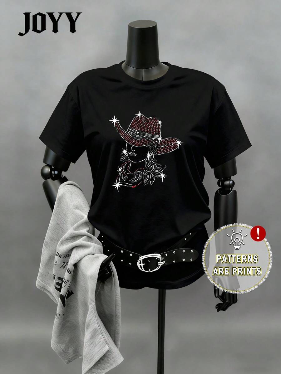 JOYY Plus Size Women's Western Cowgirl Graphic Round Neck Short Sleeve T-Shirt, Festive Top For Spring/Summer Party, Western Wear