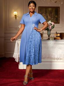 Blaues A-Linien-Kleid mit Umlegekragen, Spitzeneinsätzen, kurzen Ärmeln, für Büro, Business, Party und Mode für Frauen mit Kurven - Babyblau - Übersicht 6