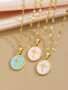 1pc Versatile Stainless Steel Cross Necklace - Fashionable Girls' Pendant Accessory, Great Gift For Daily/Street/Party/Festival/ - Nhiều màu - Xem 2