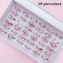 10 件套奢华玻璃镶嵌合金女士戒指套装，可爱优雅的蝴蝶结，心形混合款式，可打开戒指，适合派对、婚礼、日常佩戴、时尚珠宝、最佳礼物，随机搭配 - 10個隨機玻璃戒指 - 查看 15