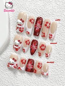 Sanrio Juego de 10 uñas francesas rojas de Sanrio, pegatinas 3D de Hello Kitty, uñas postizas de otoño e invierno, dijes de flores de cinco pétalos hechos a mano, uñas falsas lindas, gel de uñas rojo, disponible en 3 tamaños, uñas de almendra, uñas de pato, uñas de ataúd, incluye herramientas para uñas (1 hoja de pegatinas de gelatina + 1 lima de uñas) adecuado para otoño, invierno, uso diario, fiesta