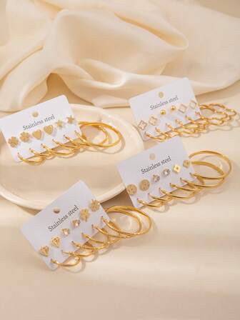 6 Pairs/Set Stylish Stainless Steel Gold Earrings Set For Women, Multi Element Four Leaf Flower Ear Stud Mixed Size Hoop Earrings, Jewelry For Daily, Party And Banquet Decoration