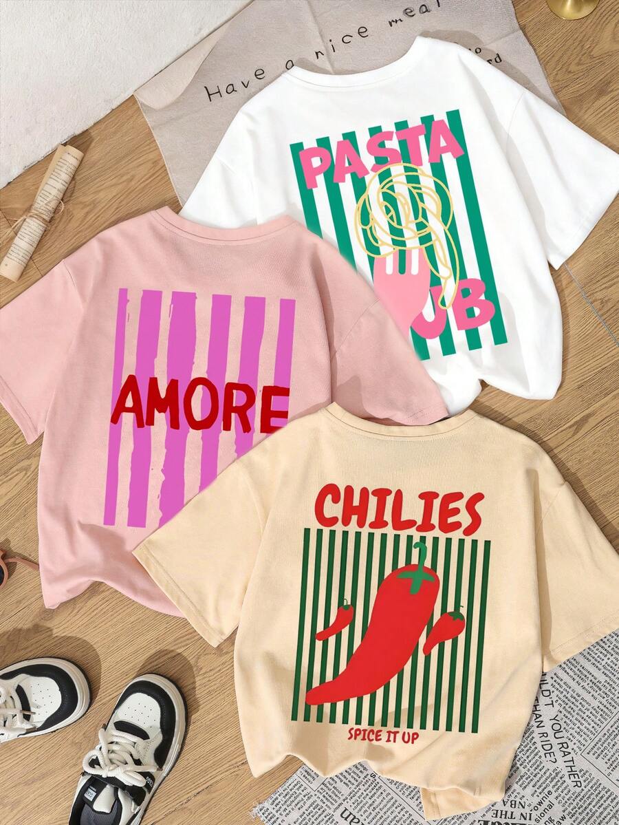 3pcs/Set Summer New Minimalist Chili Pepper Design Print Casual Round Neck Short Sleeve T-Shirt, Fashionable & Versatile Women Tops - White, Pink and Apricot - View 1
