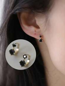 GAGAFEEL A Pair Of Sterling S925 Silver Vintage Simple Elegant Cool Agate Small Black Zirconia Golden Plated Earrings For Women Fashion Ear Hoops Daily Life Party Jewelry Gift