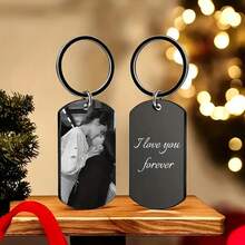 定制雕刻照片/文字钥匙扣 - 个性化激光雕刻心形钥匙圈，耐用金属钥匙扣，男女通用，情人节、圣诞节、家庭礼物，黑色，钥匙扣配件，浪漫礼物，优雅配饰，高品质雕刻，个性化双面照片玻璃钥匙扣