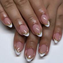 2026hot-3D Gold Stripe French Tip Press On Nails - Short Square White & Gold False Nails, Elegant Manicure Set, Simple Glam Nails - JP3444 [Loại keo] - Xem 2