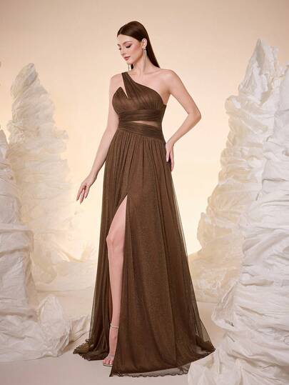 Mgiacy,New Arrival,One Shoulder, Solid Color,Bridesmaid Dress,Perspective,Ruched,High Slit,Mesh,Long Dress
